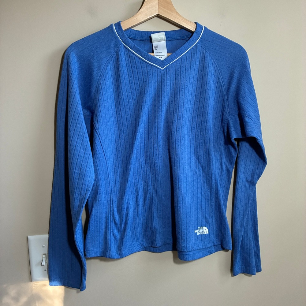 The North Face VaporWick V-Neck Top Medium Blue Womens Long Sleeve Pointelle